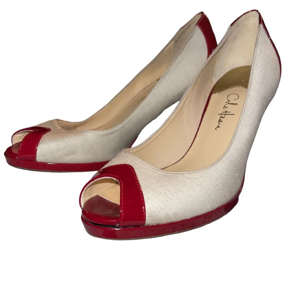 Cole Haan Nami Air Open Toe Pumps Women’s Size 7B Red And Beige 3.5” Heel EUC - Picture 3 of 10